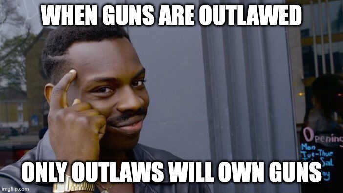 Roll Safe Think About It | WHEN GUNS ARE OUTLAWED; ONLY OUTLAWS WILL OWN GUNS | image tagged in memes,roll safe think about it | made w/ Imgflip meme maker