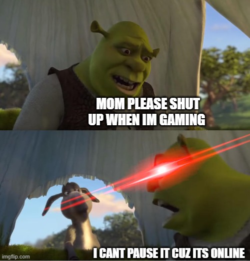 Shrek For Five Minutes | MOM PLEASE SHUT UP WHEN IM GAMING; I CANT PAUSE IT CUZ ITS ONLINE | image tagged in shrek for five minutes | made w/ Imgflip meme maker