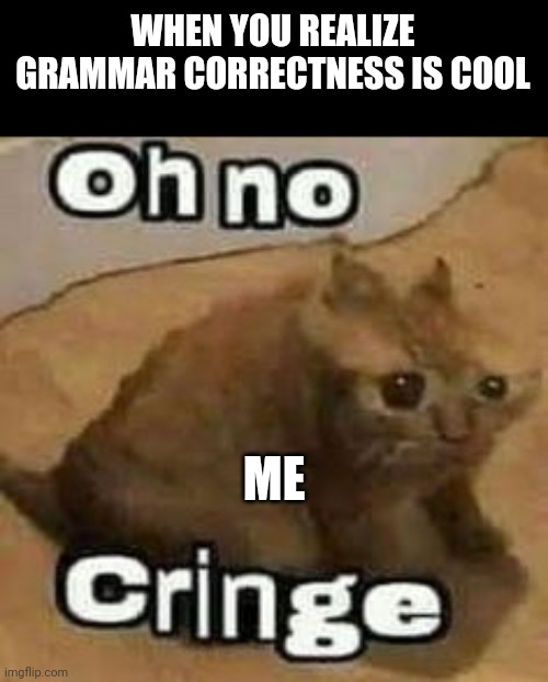 Grammar correctness is cool now | WHEN YOU REALIZE GRAMMAR CORRECTNESS IS COOL; ME | image tagged in oh no cringe | made w/ Imgflip meme maker