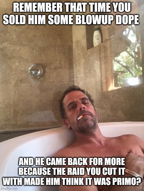 Hunter Biden | REMEMBER THAT TIME YOU SOLD HIM SOME BLOWUP DOPE; AND HE CAME BACK FOR MORE BECAUSE THE RAID YOU CUT IT WITH MADE HIM THINK IT WAS PRIMO? | image tagged in hunter biden | made w/ Imgflip meme maker