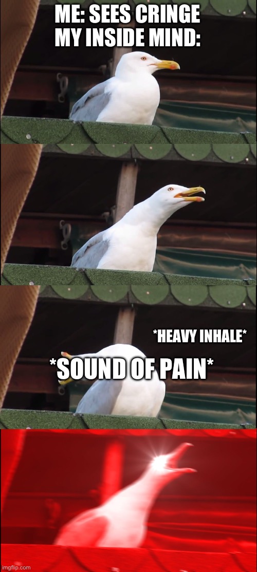 Inhaling Seagull | ME: SEES CRINGE
MY INSIDE MIND:; *HEAVY INHALE*; *SOUND OF PAIN* | image tagged in memes,inhaling seagull | made w/ Imgflip meme maker