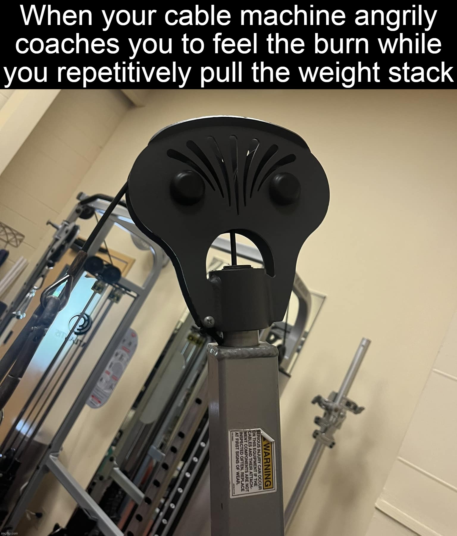 When your cable machine angrily coaches you to feel the burn while you repetitively pull the weight stack | image tagged in meme,memes,funny | made w/ Imgflip meme maker