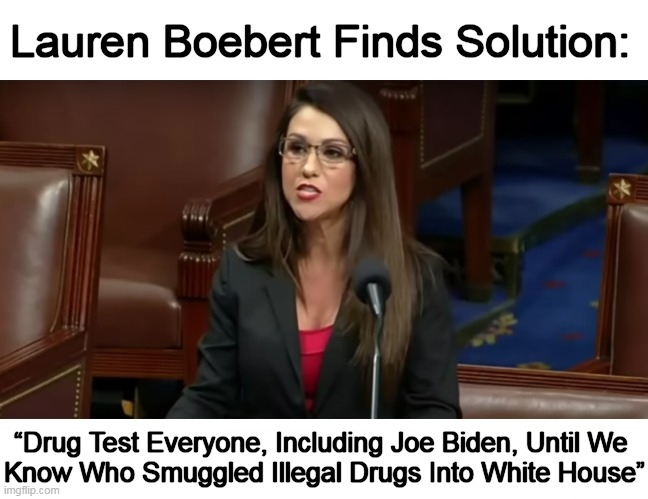 Sounds Like a Plan, So Quit The Malarkey! | Lauren Boebert Finds Solution:; “Drug Test Everyone, Including Joe Biden, Until We 

Know Who Smuggled Illegal Drugs Into White House” | image tagged in politics,joe biden,white house,cocaine,dirty democrats,monkey business | made w/ Imgflip meme maker