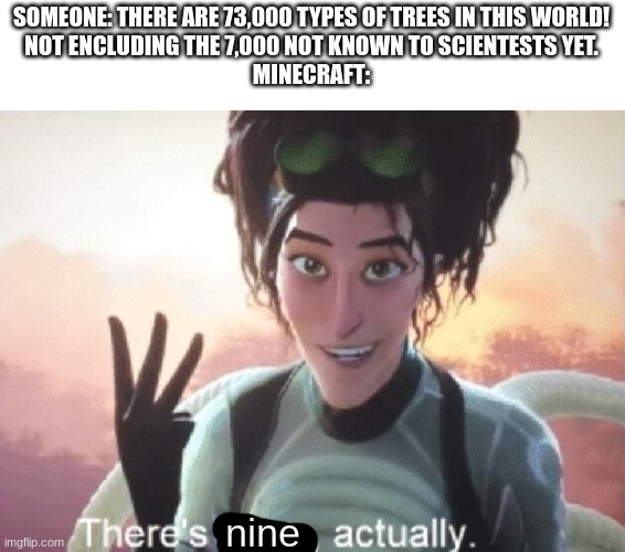 There's three, actually | SOMEONE: THERE ARE 73,000 TYPES OF TREES IN THIS WORLD!
NOT ENCLUDING THE 7,000 NOT KNOWN TO SCIENTESTS YET.
MINECRAFT:; nine | image tagged in there's three actually,minecraft,minecraft logic,oof,trees,9 trees | made w/ Imgflip meme maker