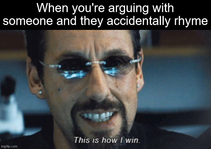 Now it's impossible to be taken seriously. | When you're arguing with someone and they accidentally rhyme | image tagged in this is how i win,rhymes,argument | made w/ Imgflip meme maker