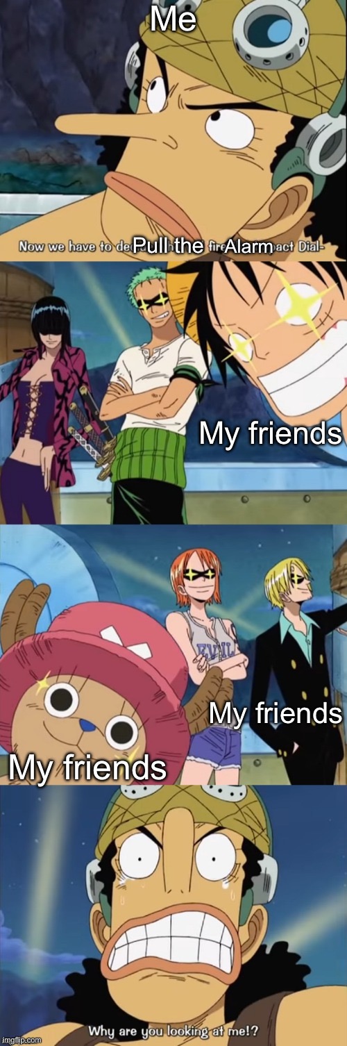 One Piece Why Are You Looking At Me?! | Me; Pull the; Alarm; My friends; My friends; My friends | image tagged in one piece why are you looking at me | made w/ Imgflip meme maker