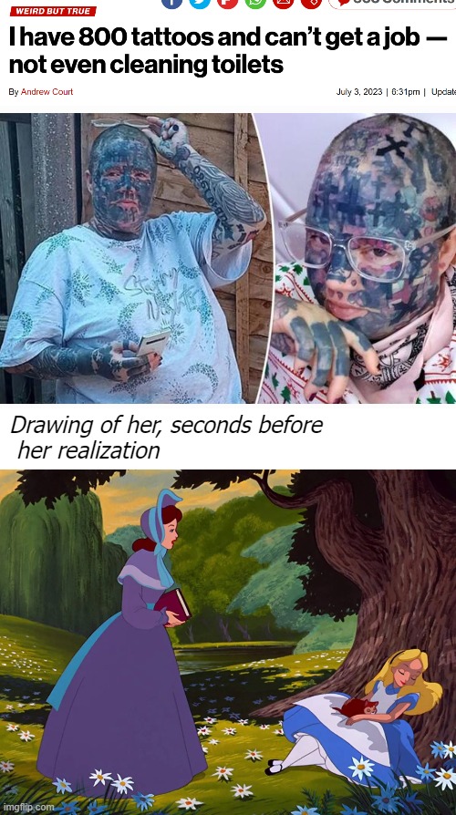 Drawing of her, seconds before
 her realization | image tagged in funny,news | made w/ Imgflip meme maker