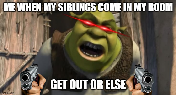 Shrek What are you doing in my swamp? | ME WHEN MY SIBLINGS COME IN MY ROOM; GET OUT OR ELSE | image tagged in shrek what are you doing in my swamp | made w/ Imgflip meme maker