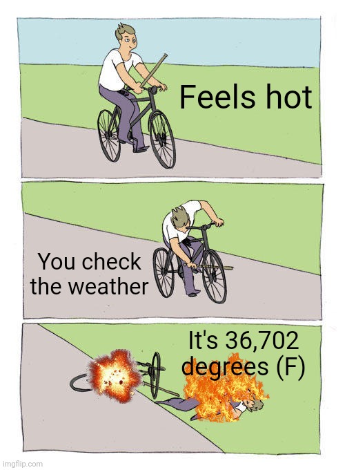 When it's the summer time | Feels hot; You check the weather; It's 36,702 degrees (F) | image tagged in memes,bike fall | made w/ Imgflip meme maker