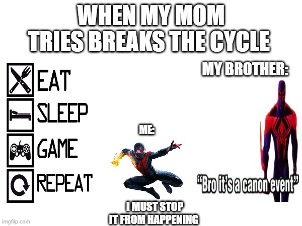 cannon events man | WHEN MY MOM TRIES BREAKS THE CYCLE; MY BROTHER:; ME:; I MUST STOP IT FROM HAPPENING | image tagged in gaming memes | made w/ Imgflip meme maker