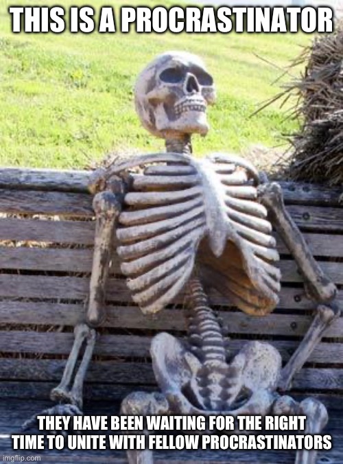 Procrastination | THIS IS A PROCRASTINATOR; THEY HAVE BEEN WAITING FOR THE RIGHT TIME TO UNITE WITH FELLOW PROCRASTINATORS | image tagged in memes,waiting skeleton | made w/ Imgflip meme maker
