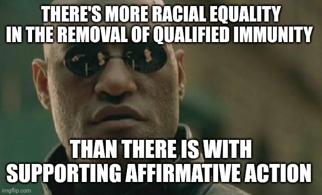 Matrix Morpheus | THERE'S MORE RACIAL EQUALITY IN THE REMOVAL OF QUALIFIED IMMUNITY; THAN THERE IS WITH SUPPORTING AFFIRMATIVE ACTION | image tagged in memes,matrix morpheus | made w/ Imgflip meme maker