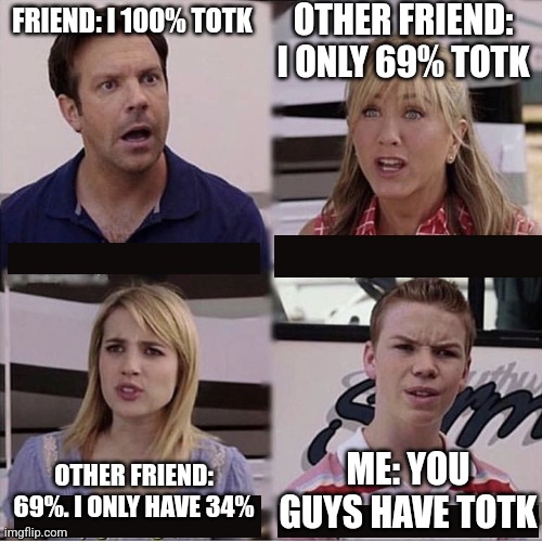This is a true story | OTHER FRIEND: I ONLY 69% TOTK; FRIEND: I 100% TOTK; ME: YOU GUYS HAVE TOTK; OTHER FRIEND: 69%. I ONLY HAVE 34% | image tagged in you guys are getting paid template,totk,legend of zelda,zelda,true story | made w/ Imgflip meme maker