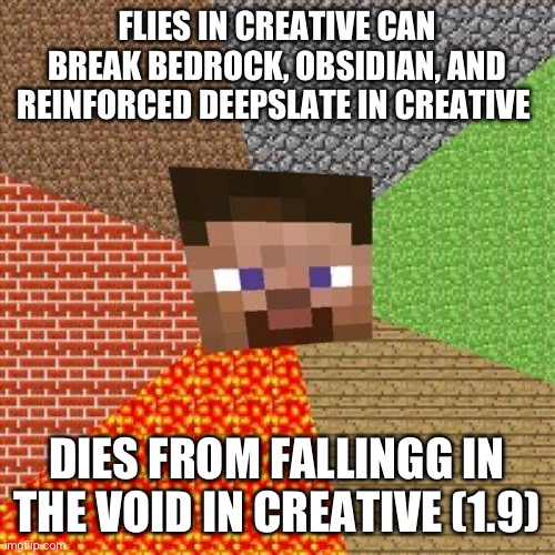 Annoying | FLIES IN CREATIVE CAN BREAK BEDROCK, OBSIDIAN, AND REINFORCED DEEPSLATE IN CREATIVE; DIES FROM FALLINGG IN THE VOID IN CREATIVE (1.9) | image tagged in minecraft steve,minecraft,stop reading the tags | made w/ Imgflip meme maker