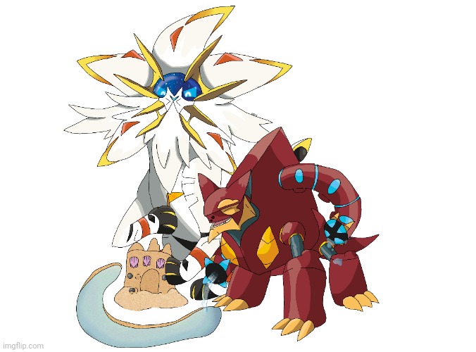 I drew Solgaleo and Volcanion making a sandcastle, do you guys like it? | image tagged in pokemon,pokemon sun and moon | made w/ Imgflip meme maker