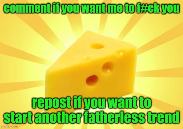 Cheese Time | comment if you want me to f#ck you; repost if you want to start another fatherless trend | image tagged in cheese time | made w/ Imgflip meme maker
