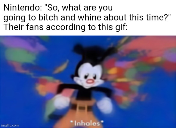 Yakko inhale | Nintendo: "So, what are you going to bitch and whine about this time?"
Their fans according to this gif: | image tagged in yakko inhale | made w/ Imgflip meme maker