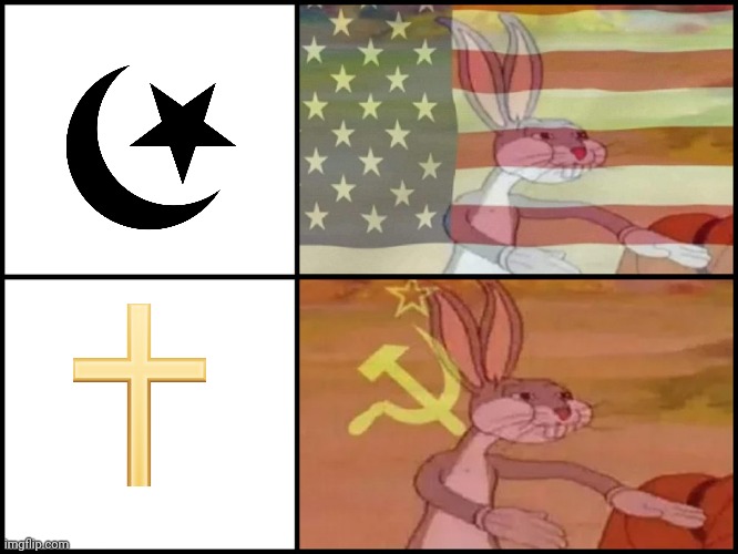 Cold war religion | image tagged in capitalist and communist,christianity,islam,religion,communism,capitalism | made w/ Imgflip meme maker