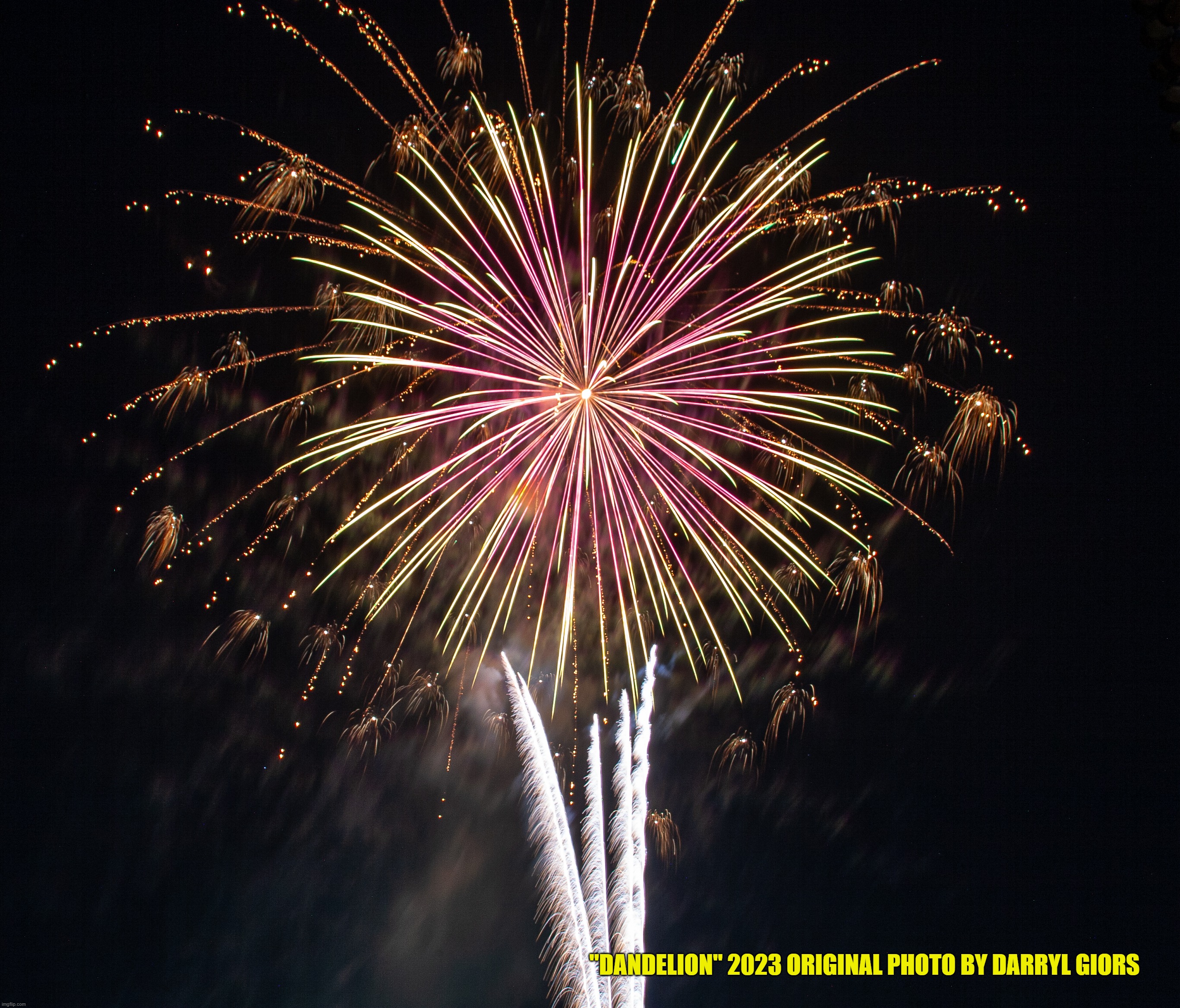 Dandelion from July 3rd City of Lynwood fireworks display | "DANDELION" 2023 ORIGINAL PHOTO BY DARRYL GIORS | image tagged in original photography,fireworks,4th of july,independence day,photography | made w/ Imgflip meme maker