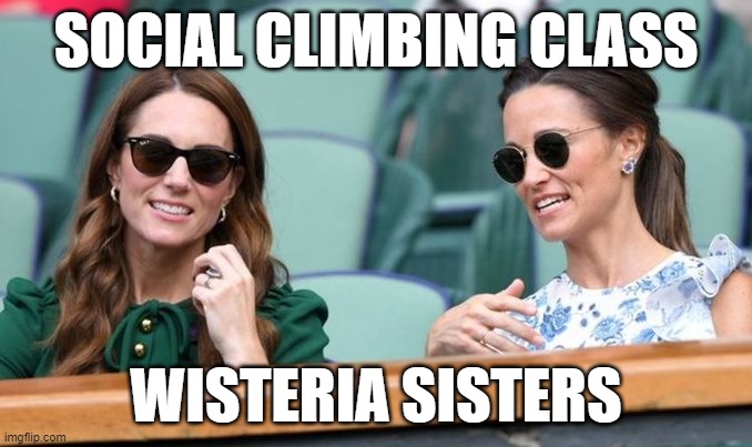Kate Middleton | SOCIAL CLIMBING CLASS; WISTERIA SISTERS | image tagged in kate middleton,pippa middleton,prince william,princess catherine,royal family | made w/ Imgflip meme maker