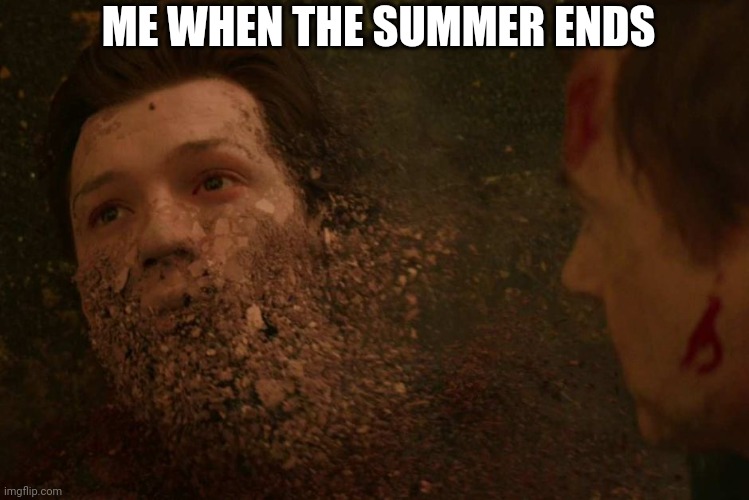 the sadness | ME WHEN THE SUMMER ENDS | image tagged in spiderman getting thanos snapped | made w/ Imgflip meme maker