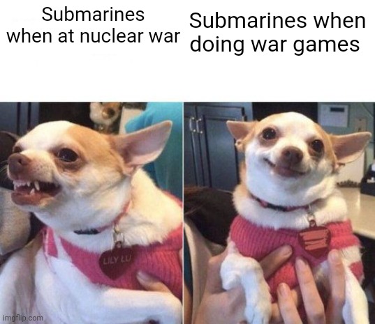 Submarines war games | Submarines when at nuclear war; Submarines when doing war games | image tagged in angry chihuahua happy chihuahua | made w/ Imgflip meme maker