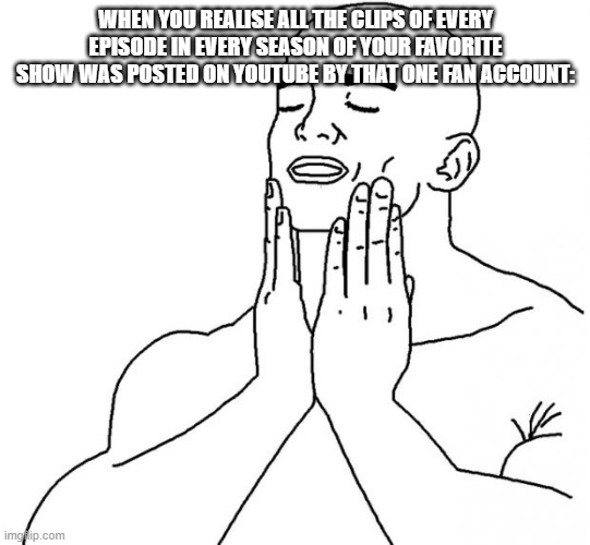 Feels Good Man | WHEN YOU REALISE ALL THE CLIPS OF EVERY EPISODE IN EVERY SEASON OF YOUR FAVORITE SHOW WAS POSTED ON YOUTUBE BY THAT ONE FAN ACCOUNT: | image tagged in feels good man | made w/ Imgflip meme maker