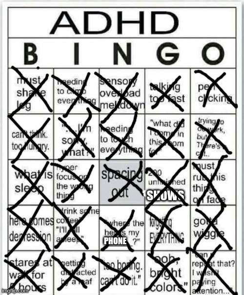 idek if i have adhd | SHOWS; PHONE | image tagged in adhd bingo | made w/ Imgflip meme maker