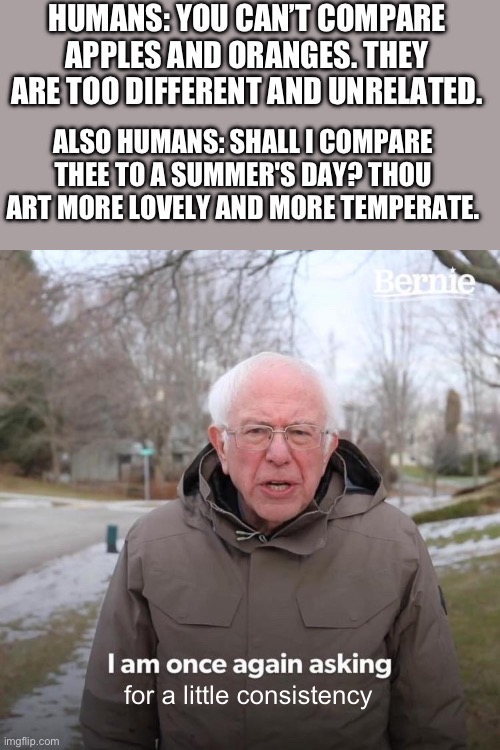Bernie I Am Once Again Asking For Your Support Meme | for a little consistency HUMANS: YOU CAN’T COMPARE APPLES AND ORANGES. THEY ARE TOO DIFFERENT AND UNRELATED. ALSO HUMANS: SHALL I COMPARE TH | image tagged in memes,bernie i am once again asking for your support | made w/ Imgflip meme maker