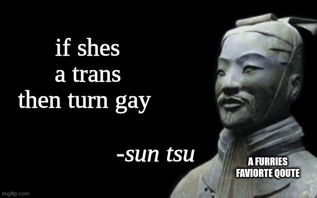 sun tsu fake quote | if shes a trans then turn gay; A FURRIES FAVIORTE QOUTE | image tagged in sun tsu fake quote | made w/ Imgflip meme maker