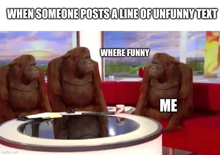 Image Title | WHEN SOMEONE POSTS A LINE OF UNFUNNY TEXT; WHERE FUNNY; ME | image tagged in where monkey | made w/ Imgflip meme maker