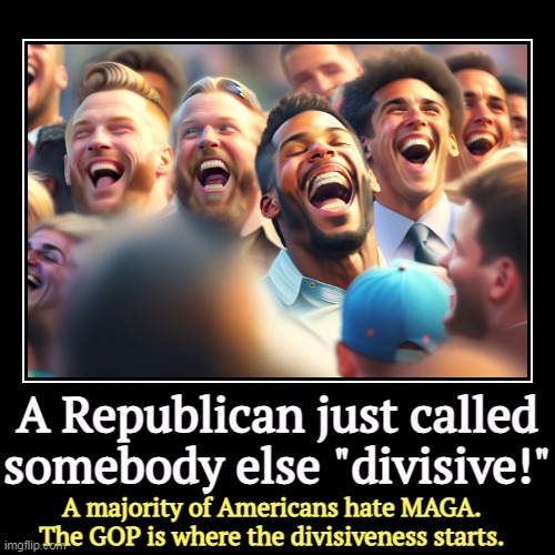 MAGA collapses without sowing divisiveness. | A Republican just called somebody else "divisive!" | A majority of Americans hate MAGA. The GOP is where the divisiveness starts. | image tagged in funny,demotivationals,division,gop,republican party,maga | made w/ Imgflip demotivational maker