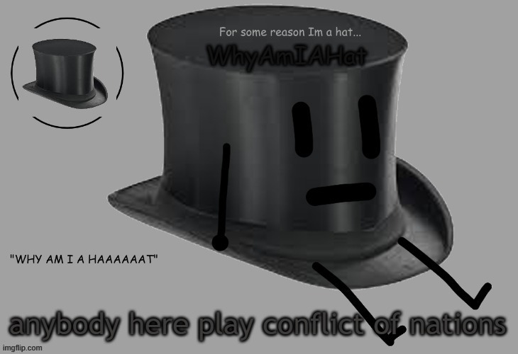 Hat announcement temp | anybody here play conflict of nations | image tagged in hat announcement temp | made w/ Imgflip meme maker