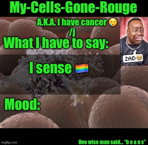 My-Cells-Gone-Rouge announcement | I sense 🏳️‍🌈 | image tagged in my-cells-gone-rouge announcement | made w/ Imgflip meme maker