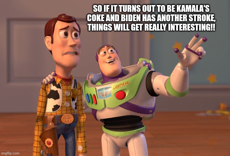 Fucc y0r feelingz | SO IF IT TURNS OUT TO BE KAMALA'S COKE AND BIDEN HAS ANOTHER STROKE, THINGS WILL GET REALLY INTERESTING!! | image tagged in memes,x x everywhere | made w/ Imgflip meme maker