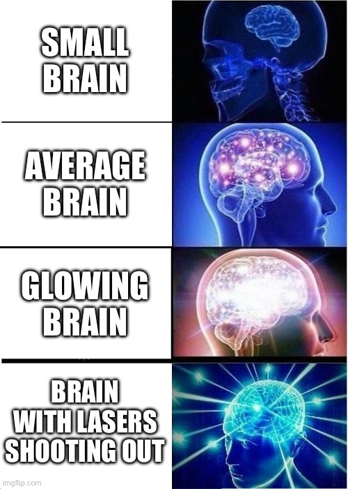 Expanding Brain | SMALL BRAIN; AVERAGE BRAIN; GLOWING BRAIN; BRAIN WITH LASERS SHOOTING OUT | image tagged in memes,expanding brain | made w/ Imgflip meme maker