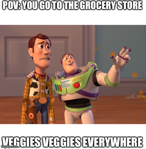 Idk a meme but not a good quality one | POV: YOU GO TO THE GROCERY STORE; VEGGIES VEGGIES EVERYWHERE | image tagged in memes,x x everywhere | made w/ Imgflip meme maker