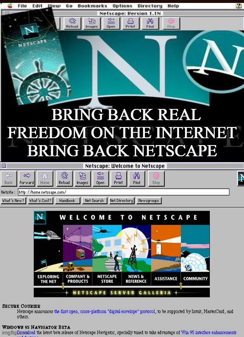 Netscape | BRING BACK REAL FREEDOM ON THE INTERNET 
BRING BACK NETSCAPE | image tagged in memes,netscape,internet,freedom of speech | made w/ Imgflip meme maker