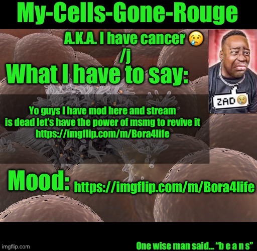 My-Cells-Gone-Rouge announcement | Yo guys I have mod here and stream is dead let’s have the power of msmg to revive it
https://imgflip.com/m/Bora4life; https://imgflip.com/m/Bora4life | image tagged in my-cells-gone-rouge announcement | made w/ Imgflip meme maker