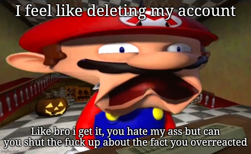 Disgusted Mario | I feel like deleting my account; Like bro i get it, you hate my ass but can you shut the fuck up about the fact you overreacted | image tagged in disgusted mario | made w/ Imgflip meme maker
