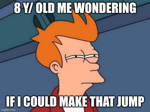 especially rivers | 8 Y/ OLD ME WONDERING; IF I COULD MAKE THAT JUMP | image tagged in memes,futurama fry | made w/ Imgflip meme maker