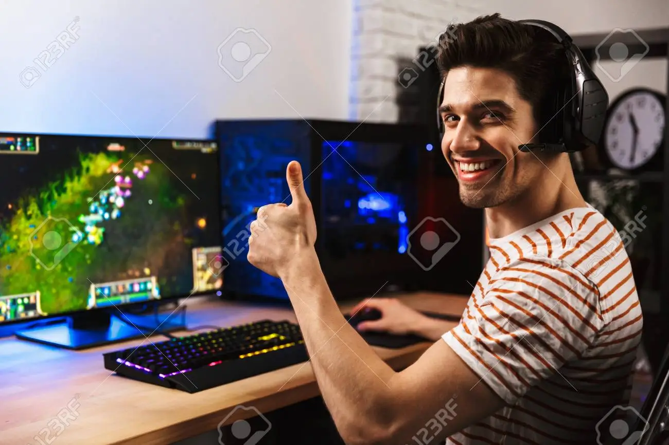 High Quality Portrait Of Joyful Gamer Guy In Headphones Playing Video Games O Blank Meme Template