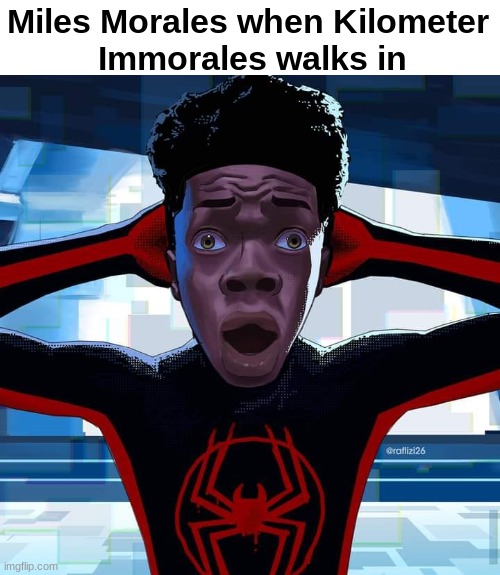 a fight? now we're talkin' | Miles Morales when Kilometer
 Immorales walks in | image tagged in miles morales,funny,memes | made w/ Imgflip meme maker