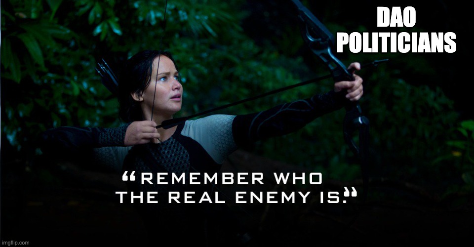 Remember who the real enemy is | DAO POLITICIANS | image tagged in hunger games,enemy | made w/ Imgflip meme maker