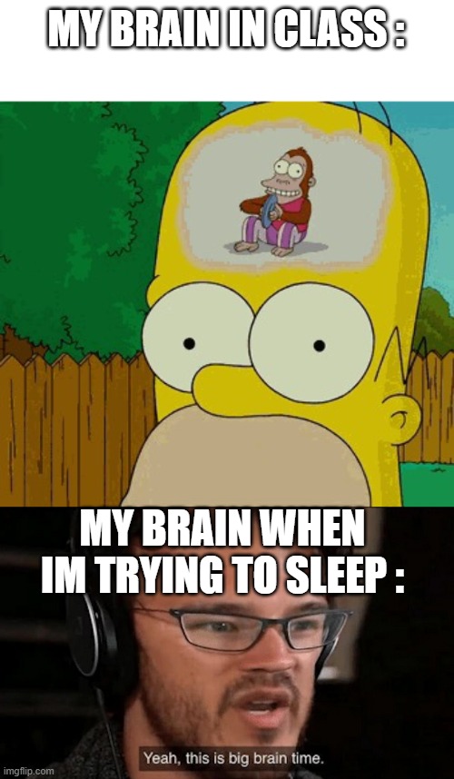 my brain just randomly gained the knowledge | MY BRAIN IN CLASS :; MY BRAIN WHEN IM TRYING TO SLEEP : | image tagged in homer's brain,big brain time | made w/ Imgflip meme maker
