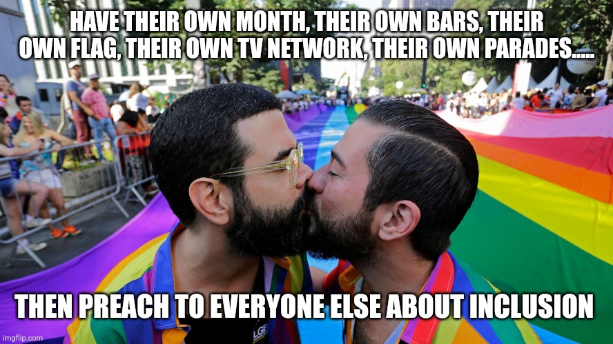 Inclusion | HAVE THEIR OWN MONTH, THEIR OWN BARS, THEIR OWN FLAG, THEIR OWN TV NETWORK, THEIR OWN PARADES..... THEN PREACH TO EVERYONE ELSE ABOUT INCLUSION | image tagged in liberal logic,politics suck,gay pride,funny | made w/ Imgflip meme maker