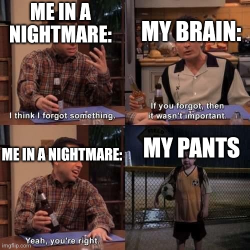 Oh crap... I forgot my pants | ME IN A NIGHTMARE:; MY BRAIN:; MY PANTS; ME IN A NIGHTMARE: | image tagged in i think i forgot something | made w/ Imgflip meme maker