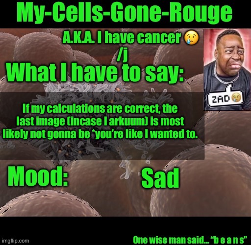 My-Cells-Gone-Rouge announcement | If my calculations are correct, the last image (incase I arkuum) is most likely not gonna be *you’re like I wanted to. Sad | image tagged in my-cells-gone-rouge announcement | made w/ Imgflip meme maker