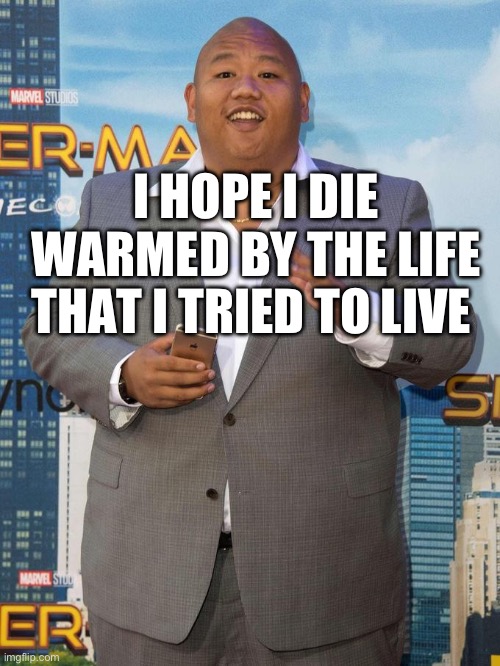 I hope I die warmed by the life I tried to live | I HOPE I DIE WARMED BY THE LIFE THAT I TRIED TO LIVE | image tagged in ned leeds,pensive,deep,spiderman,spiderman homecoming | made w/ Imgflip meme maker