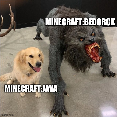 its true look at the wither | MINECRAFT:BEDORCK; MINECRAFT:JAVA | image tagged in dog vs werewolf | made w/ Imgflip meme maker